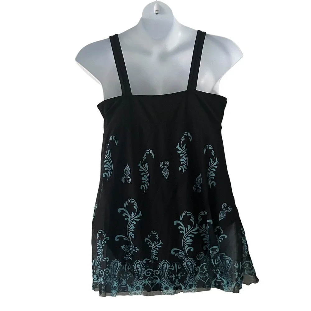 Women's One-Piece Mesh Padded Black Teal Paisley Swim Dress Swimwear 4XL - Picture 6 of 9